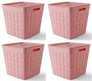 Child and Teen Plastic Wide Weave Pink Stacking Storage Bin with Lid, 4 Pack